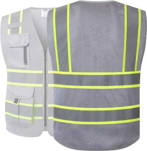 Miniatura 2 de JKSafety - Chaleco reflectante de seguridad de alta visibilidad con 9 bolsillos de malla para hombres y mujeres Cremallera frontal Múltiples