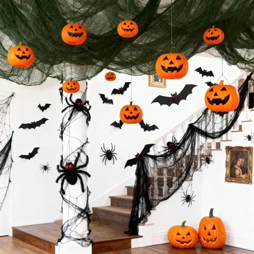 Miniatura 8 de Qtisky Juego de 5 telas de gasa espeluznante de Halloween, tapiz de gasa verde aterrador de Halloween para interiores y exteriores, decoraciones