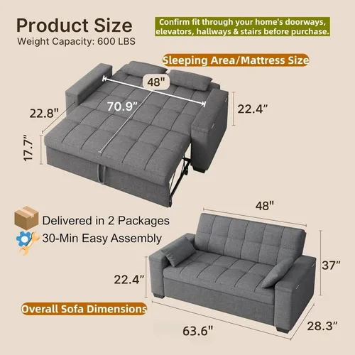 Miniatura 3 de Gizoon Sofá cama biplaza, sofá cama convertible 3 en 1 para sala de estar de apartamentos pequeños, reposabrazos de almacenamiento y respaldo Gris