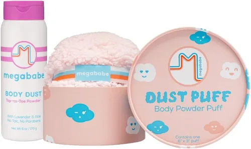 Megababe Paquete de 2 Piezas Absorbente de Sudor - Polvo Corporal Body Dust de 6 oz y Borla de Polvo | Absorbe el Sudor, Sin Talco