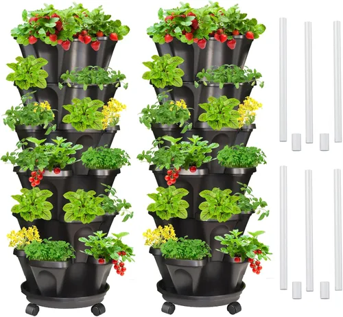 Miniatura 26 de Macetas verticales de fresa, paquete de 2 unidades, torre apilable de 5 niveles con poste de soporte, macetas apilables para hierbas y verduras