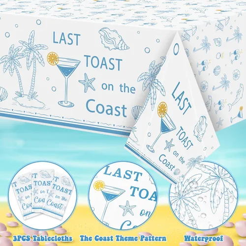Miniatura 3 de K1tpde Mantel de plástico desechable para despedida de soltera de 3 piezas con temática costera, diseño de copa de vino azul, diseño de estrella