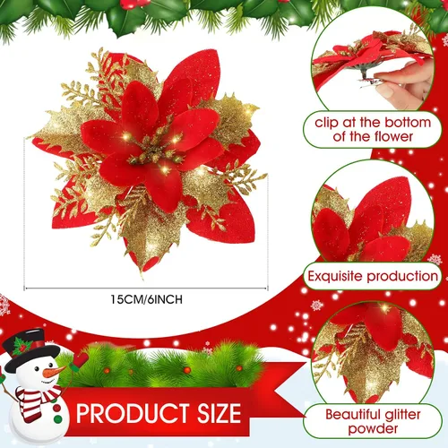 Miniatura 2 de Lyrow 60 flores de Pascua con purpurina de 6 pulgadas con clips y tallos, adornos para árbol de Navidad, flores de pascua artificiales para Navidad