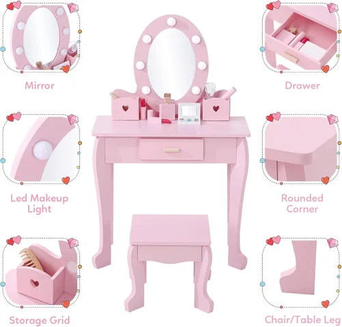 Miniatura 2 de Garvee Juego de tocador para niños, juego de mesa y silla para niñas con espejo iluminado, taburete y juego de maquillaje de madera, rosa