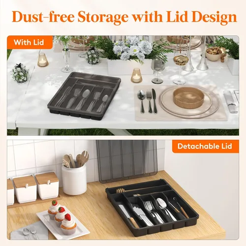Miniatura 2 de Lifewit Organizador de cubiertos con tapa, bandeja de utensilios cubierta para cajón de cocina y encimera, caja de almacenamiento de cubiertos