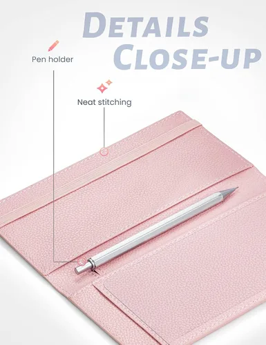 Miniatura 3 de Yarnic Funda para chequera personal, soporte para chequera con soporte para bolígrafo y divisor de plástico transparente integrado para cheques Rosa