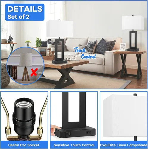Miniatura 6 de TOBUSA Juego de 2 lámparas de mesa de 28 pulgadas de alto para salas de estar, modernas lámparas de mesa negras con control táctil para dormitorio