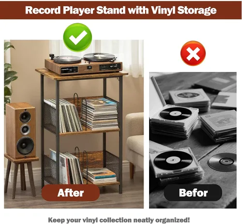 Miniatura 9 de Soporte para tocadiscos, soporte para discos de vinilo de 3 niveles, soporte giratorio con 2 separadores y 4 pies ajustables, mesa para tocadiscos