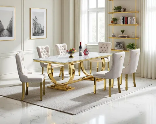 Miniatura 54 de Juego de mesa de comedor de 5 piezas para 4, mesa de cocina de mármol negro de 68 pulgadas con 4 sillas beige, mesa de comedor rectangular moderna