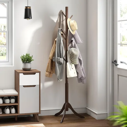 Miniatura 8 de kiplant Perchero de madera de bambú, árbol de abrigo independiente con 8 ganchos, organizador de sombrero de entrada para pasillo, dormitorio, Marrón