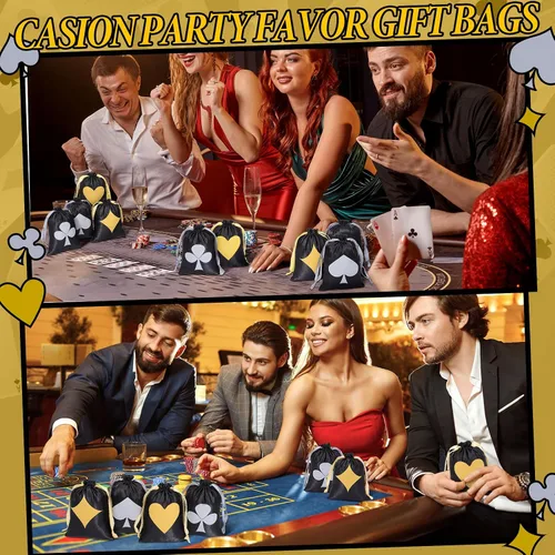 Miniatura 5 de SilTriangle 24 bolsas de regalo de fiesta de casino, decoraciones de fiesta temática de casino con cordón de Las Vegas, bolsas de póquer de satén