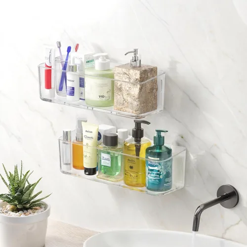 Miniatura 8 de PAVSTINE Paquete de 2 estantes de ducha transparentes, estantes adhesivos para ducha de baño, organizador de ducha de baño montado en la pared