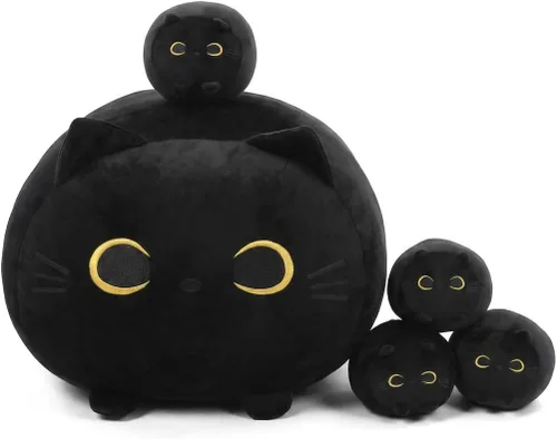 TOYSYM Gato Negro de Peluche Mamá Gato de Peluche Juguetes con 4 Bebés Blanditos en su Vientre Almohadas Suave Lindas para Abrazar para Niños y Niñas