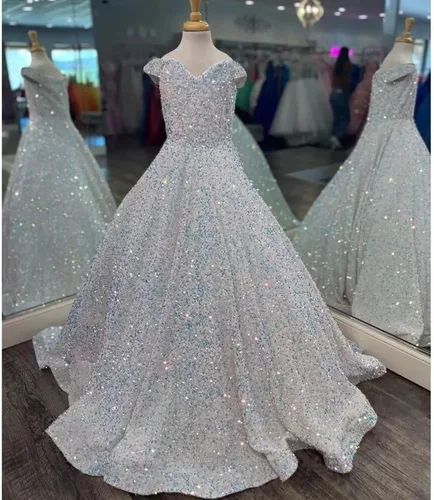 Miniatura 5 de Vestidos de lentejuelas con hombros descubiertos para boda, vestidos brillantes para concursos, vestido de baile, vestido de princesa para niños