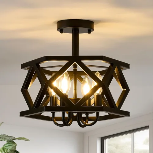 Lámpara de techo semiempotrada negra, moderna lámpara de techo de metal, lámpara de techo de metal de 4 luces, lámpara de araña pequeña para Negro