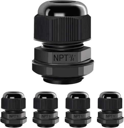 LeMotech Paquete de 5 prensaestopas NPT de 3/4 pulgadas, impermeables, ajustables, conectores de cable de 0.492-0.709 in, juntas de nailon negro con