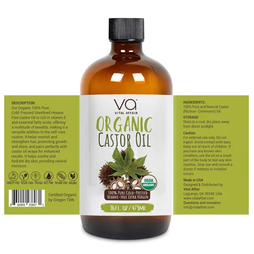 Miniatura 5 de VITAL AFFAIR Aceite de Ricino Puro Orgánico Prensado en Frío Sin Refinar Botella de Vidrio - Certificado USDA para Paquete de Aceite de Ricino