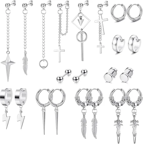 Fiasaso Juego de 22 aretes colgantes de acero inoxidable con bisagras de aro de cadena larga aretes colgantes de cruz para hombre color negro