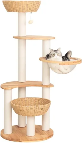 Miniatura 13 de Wood Cat Tree for Large Cats, 50'' Modern Indoor Cat Tower with Basket Beds, Cat Condo & Clear Hammock, Multi-Level Wooden Cat Furniture for Home