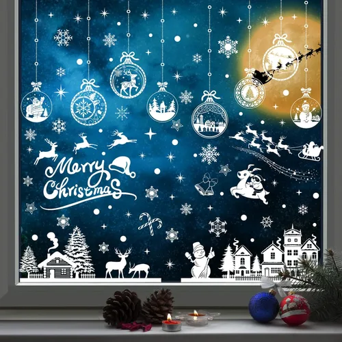 Miniatura 3 de Enwokran Calcomanías blancas para ventana de Navidad, 10 hojas, 245 unidades, calcomanías reutilizables de doble cara impresas autoadhesivas