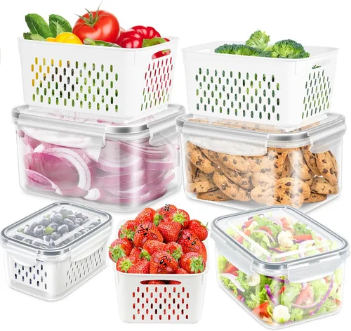 Miniatura 11 de TBMAXS 4 Pack Food Storage Containers Fruit Containers for Fridge with Colander Airtight BPA Free Plastic Berry Keeper Container Produce Saver