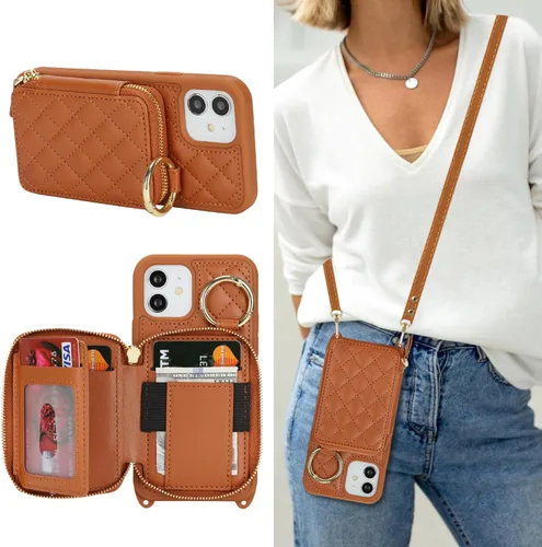 Miniatura 43 de Funda Cartera Bandolera para iPhone 11, Cuero PU Cremallera Bolso Cartera Funda Plegable con Tapa, Funda Folio con Soporte con Ranuras para Tarjetas