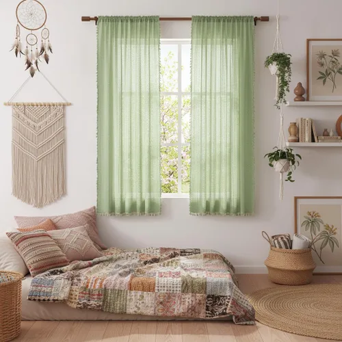 Miniatura 22 de WAZZIO Cortinas de Encaje, Cortina Boho de Crochet para Dormitorio, Cortinas de Café de Algodón, 45 Pulgadas de Largo, 2 Paneles con Bolsillo