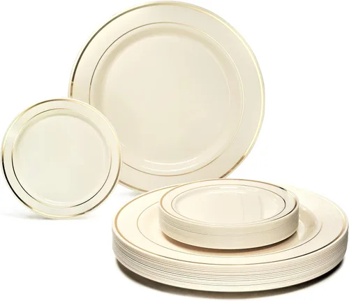 Miniatura 15 de Occasions" - Juego de 125 piezas (25 invitados) - Platos y cubiertos de plástico para boda, vajilla pesada desechable de 10.5 pulgadas, 6.25