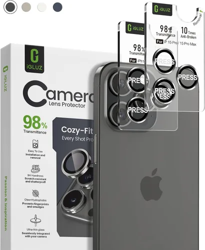 iGluz Paquete de 2 protectores de lente de cámara antirreflejos para iPhone 15 Pro/15 Pro Max, vidrio templado ultrafino antivaho con bandeja de