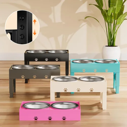 Miniatura 8 de LAKIPETN Tazones elevados para perros con 2 cuencos de acero inoxidable, soporte elevado para comida para perros, 5 alturas ajustables