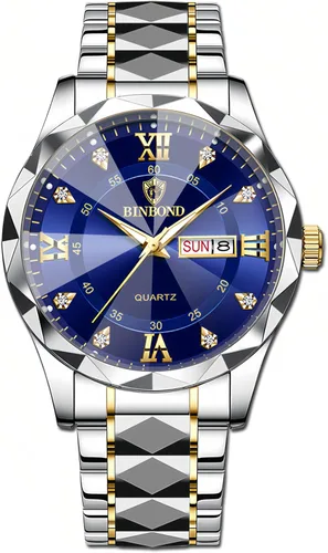 Gosasa Luxury Men's and Women's Business Diamond Stainless Steel Waterproof Roman Numeral Analog Quartz Watch with Day-Date Calendar, Gold and