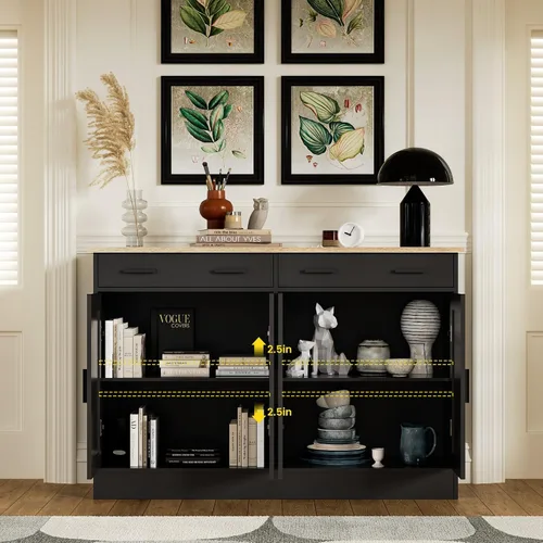 Miniatura 6 de Anystyle Armario de buffet negro de 53 pulgadas con almacenamiento, aparador de cocina, servidor de buffet con 2 cajones y 4 puertas, moderno