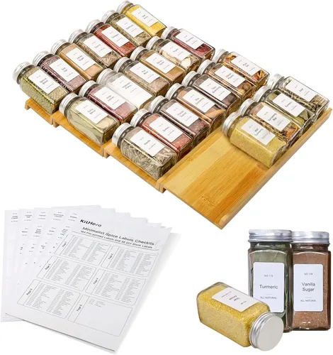 Organizador de cajones de especias con 24 tarros de especias y 216 etiquetas, goma antideslizante, bandeja de especias de bambú de 4 niveles, Tarros
