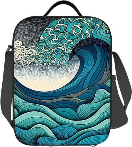 Miniatura 2 de Un patrón de ondas azules y verdes en el estilo. Lonchera portátil aislada, reutilizable, para mujeres, hombres, trabajo, picnic, campamento, 10.5 x