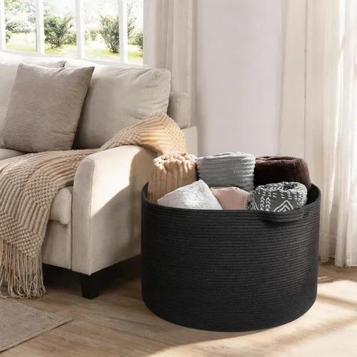 Miniatura 4 de MEGASKET Cesta grande de manta negra, 22 x 22 x 14 pulgadas, contenedor de cuerda tejida para almacenamiento, caja de almacenamiento de juguetes