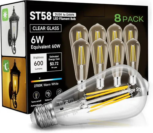 Miniatura 13 de Bombillas del amanecer al anochecer, 6 W equivalente a 60 W, blanco suave 2700 K, base E26, detección de luz, estilo vintage ST58, 600 lm, bombillas