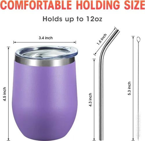 Miniatura 3 de COMOOO Paquete de 4 vasos de vino de acero inoxidable con tapa y pajita, 12 onzas, doble pared aislada al vacío, vaso de viaje sin tallo