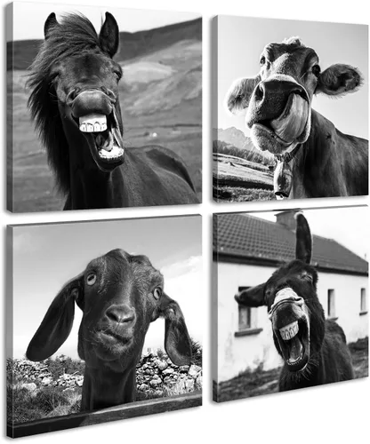 Arte de pared en blanco y negro para pared, diseño de animales, caballos, burros, ovejas, vacas, cuadros divertidos para decoración de dormitorio,