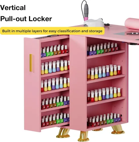 Miniatura 5 de Kikihouse Mesa de manicura, escritorio de uñas con colector de polvo y reposamuñecas, estación de trabajo resistente a acetona con cajones