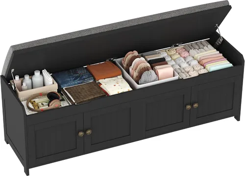 Miniatura 12 de HOMEFORT Banco para Zapatos de 30" con Almacenamiento de Tapa Elevable, Banco de Entrada con Asiento Acolchado, Banco de Madera para Pie de Cama