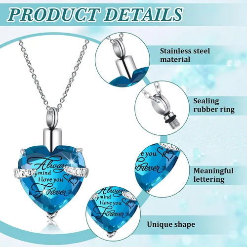 Miniatura 46 de 16 piezas de collar de urna para cenizas, medallón de cenizas talladas de acero inoxidable impermeable con 8 kit de relleno, cilindro de corazón