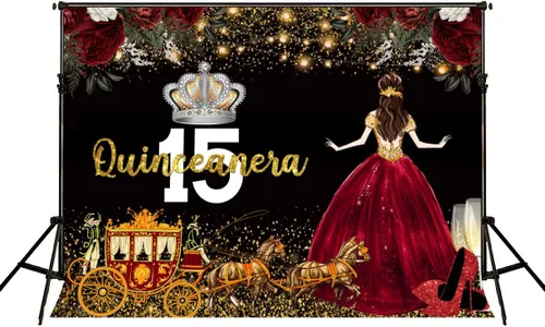 Miniatura 7 de Vestido rojo, fondo de flores de rosa, telón de fondo de cumpleaños de quinceañera para niña, princesa, feliz cumpleaños 15, carruaje de fotografía