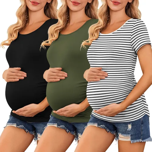Ekouaer Camisas de maternidad para mujer, paquete de 3 unidades, camiseta de embarazo fruncida lateral, blusa tipo túnica, casual, ropa para mamá,