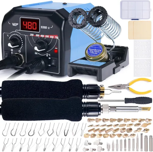 WEP 939D-II - Kit de quema de madera 2 en 1 86 en 1 con 51 puntos sólidos y 20 puntas de alambre, quemador de madera con 2 plantillas de letras y
