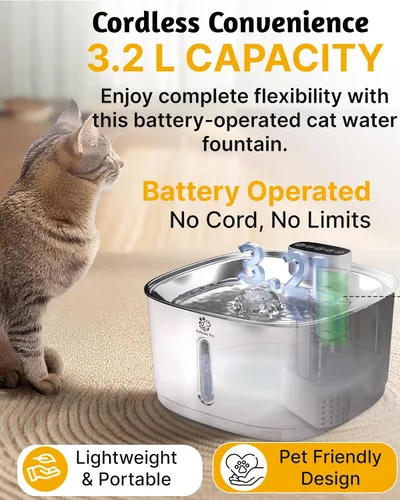 Miniatura 4 de Fuente de agua inalámbrica para gatos, 3.2L/108 onzas, fuente de acero inoxidable, fuente automática para beber gatos inalámbrica y recargable