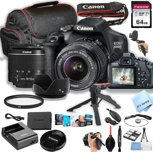 Canon Cámara DSLR EOS 2000D/Rebel T7 con lente de zoom EF-S de 0.709-2.165 in F/3.5-5.6 + memoria de 64 GB, funda, trípode Gripster y más (paquete