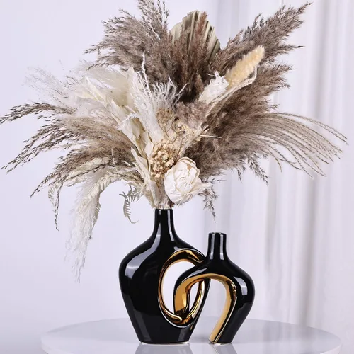 Juego de 2 jarrones de cerámica huecos negros y dorados, estilo estético decorativo moderno nórdico bohemio ins, jarrones decorativos de flores para