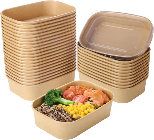 50 juegos de tazones de papel kraft desechables de 17 oz con tapas, recipientes de papel para alimentos rectangulares con tapas, ensaladeras para