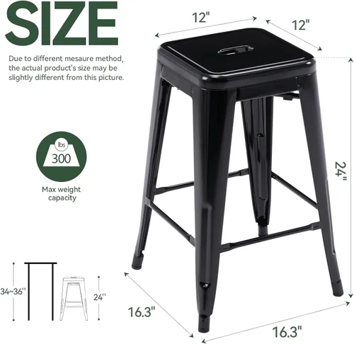 Miniatura 3 de Vogue Furniture Direct 24" Taburetes de bar de metal sin respaldo negros para interiores/exteriores, altura para encimera con asiento cuadrado