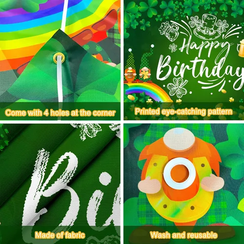 Miniatura 5 de Decoraciones de cumpleaños del día de San Patricio, pancarta de fondo de feliz cumpleaños del día de San Patricio, trébol de la suerte, trébol